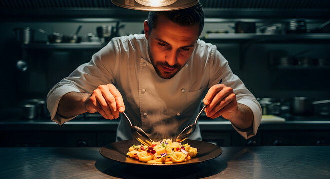 Professional chef meticulously plating a gourmet dish in a dimly lit restaurant kitchen.