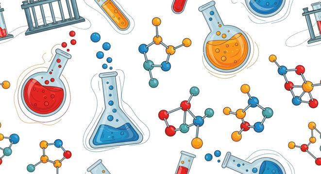 Seamless science pattern design featuring laboratory glassware and molecule structures chemical