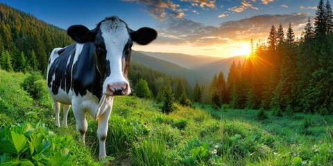 Black and white cow stands peacefully in a green meadow at sunrise