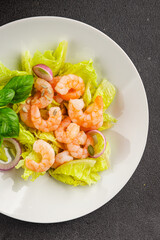 Shrimp salad seafood tasty snack fresh delicious gourmet food background on the table rustic top view copy space keto and paleo diet vegetarian food pescetarian diet