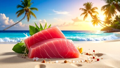 Fresh tuna sashimi on tropical beach