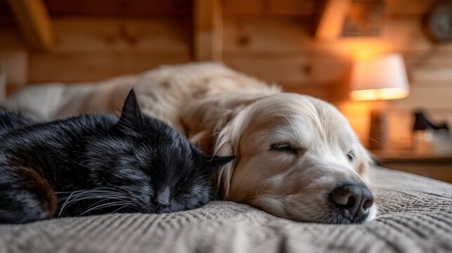 Black cat and golden retriever relax peacefully on a cozy bed in a warm room - Powered by Adobe