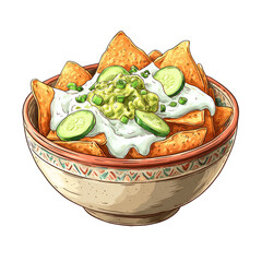 Colorful bowl of nachos topped with creamy sauce, guacamole, and sliced cucumbers