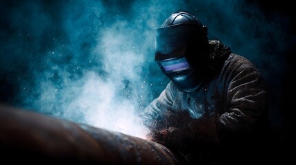 A skilled welder in protective gear illuminates a dark workshop with intense sparks from welding a metal pipe
