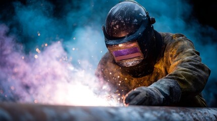 Close up of a welder wearing a helmet and protective clothing intensely working on a metal pipe with bright sparks flying