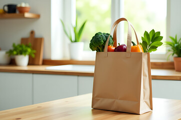Reusable shopping bag with fresh organic produce on modern kitchen counter