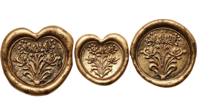Three heart-shaped, gold-toned decorative seals, featuring floral designs