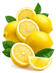 Fresh, vibrant lemons and slices, with leaves