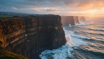 Wind swept coastal cliff with sculpted rock formations and misty sunrise rim lighting