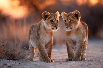 Obraz premium Lion cubs playfully interact at sunset in a sandy landscape