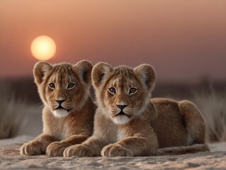 Obraz premium Two lion cubs resting together at sunset in a serene desert setting