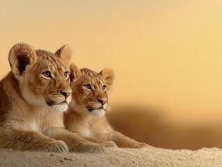 Obraz premium Two young lions resting calmly under a warm sunset sky in the savannah