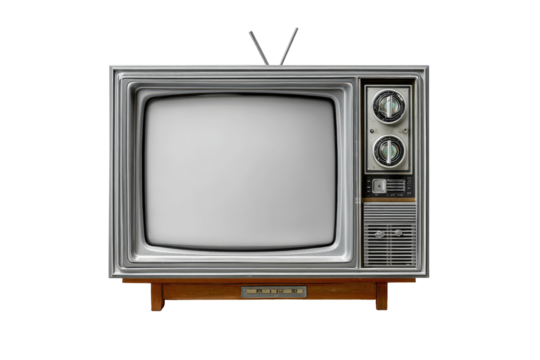 Retro TV,  gray metal frame,  wood base,  blank screen