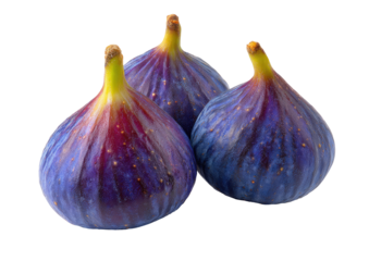 Three plump figs, deep purple-blue with hints of red, sit clustered together against a black background.  Their textured skins show fine lines and spots.