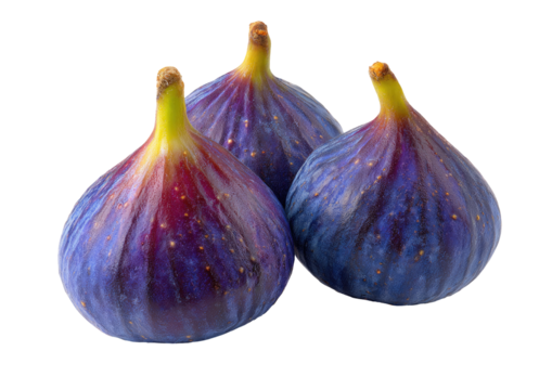 Three plump figs, deep purple-blue with hints of red, sit clustered together against a black background.  Their textured skins show fine lines and spots.