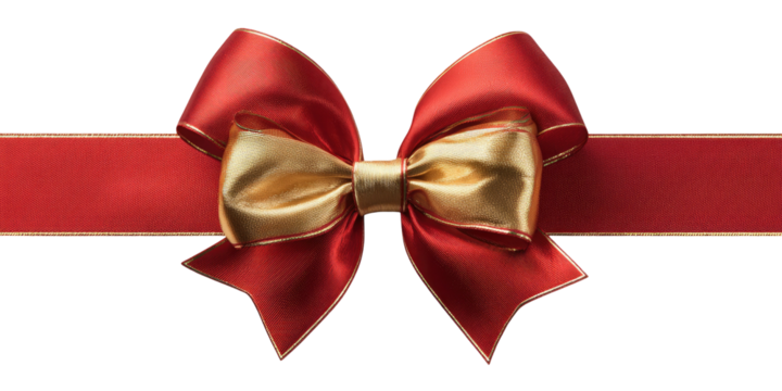 Red and gold gift bow on ribbon