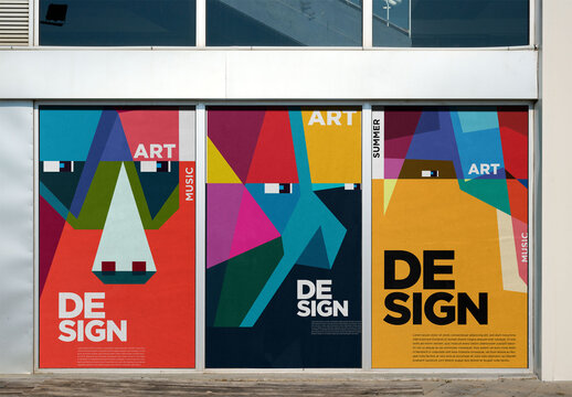 Three blank outdoor advertising posters are arranged in a row on a building's wall, ready for creative designs in a commercial area. PSD Mockup