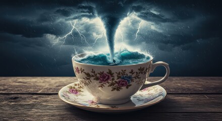 Miniature world of disaster in a teacup. A tempestuous miniature tornado and turbulent waves inside a teacup, dramatic storm.