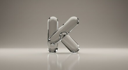 Modern, glassy, 3D letter K, light gray background.