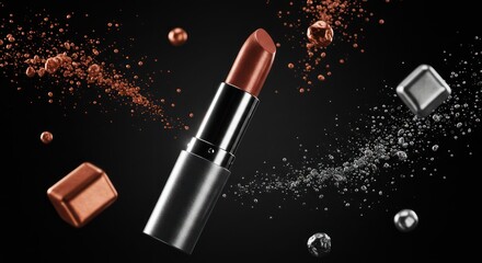 Modern lipstick in motion, surrounded by dynamic particles and metallic shapes.