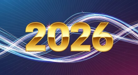Golden year 2026 illuminated by flowing, abstract light streaks against a dark, gradient background.