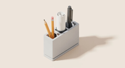 Organization Station: A modern and minimalist desk organizer, housing pens, pencils, and a small cylindrical object, perfectly exemplifies an aesthetically pleasing and organized workspace. 