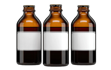 Three amber glass bottles, each with a blank white label, stand side-by-side