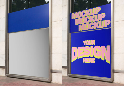Mockup of A blank storefront with a blue top panel and a silver bottom panel.