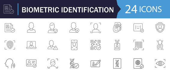 Biometric Identity & Verification line Icons. Features icons of certificate, document, fingerprint and profile. Perfect for security apps, digital ID, and access systems.