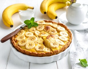 Freshly baked banana custard tart, sliced