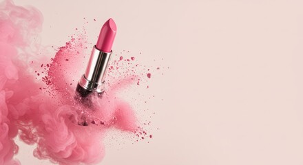 Pink lipstick in a cloud of pink ink splashes.