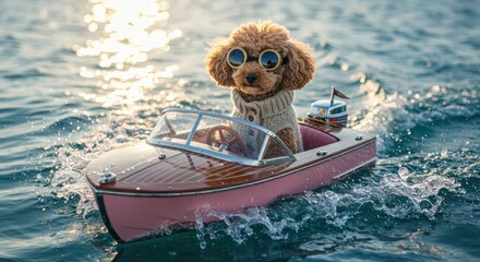 Playful dog in sunglasses driving a small boat on the water.