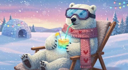 Polar bear in goggles enjoys a cocktail on a snowy day relaxing in a wooden chair near an igloo.