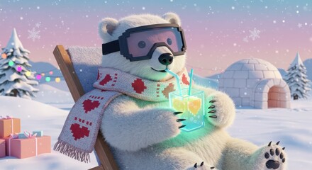 Polar bear wearing ski goggles and scarf relaxes in a deck chair, enjoying a drink on a snowy landscape with an igloo.