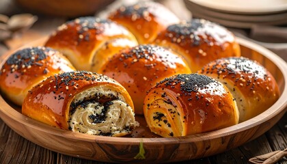 Freshly baked poppy seed rolls on wooden platter