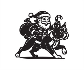 Fototapeta premium Santa Claus Riding Boxer Dog Vector – Funny Christmas Cartoon Illustration, Santa with Candy Cane and Gift Bag