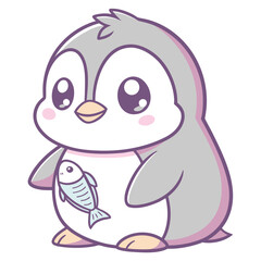 Adorable cartoon penguin holding a small fish on a white background cute animal