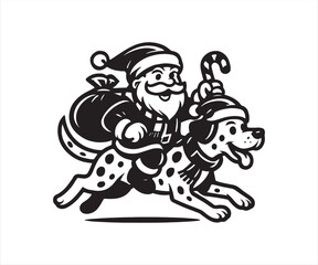 Fototapeta premium Santa Claus Riding Dalmatian Dog Vector – Funny Christmas Cartoon Illustration, Santa with Candy Cane and Gift Bag