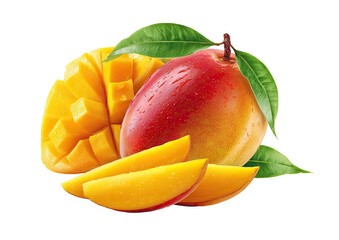 Close-up of fresh, juicy mangos, cut into slices and segments.  Brightly colored, vibrant yellow and red mango flesh.  Green leaves are visible