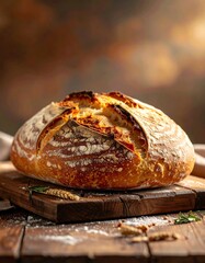 Freshly baked sourdough loaf on wooden board