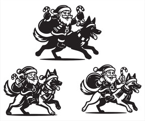Fototapeta premium Santa Claus Riding German Shepherd Dog Vector – Funny Christmas Cartoon Illustration, Santa with Candy Cane and Gift Bag
