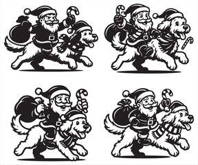 Fototapeta premium Santa Claus Riding Golden Retriever Dog Vector – Funny Christmas Cartoon Illustration, Santa with Candy Cane and Gift Bag