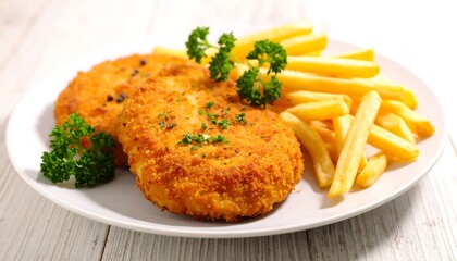 Fried cutlets with french fries on plate