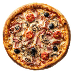 Round pizza with ham, mushrooms, olives, and cherry tomatoes.  Melted cheese and a golden crust