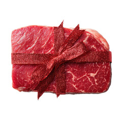 A raw steak, presented as a gift, wrapped in a red ribbon