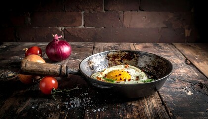 Fried egg in vintage pan, vegetables