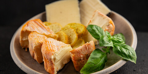 Cheese plate different kind of cheese appetizer tasty snack fresh delicious gourmet food background on the table rustic top view copy space