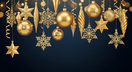Fototapeta premium A festive collection of glittering golden Christmas ornaments, including stars, snowflakes, and baubles, suspended against a dark blue background with bokeh lights.