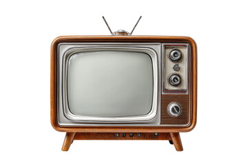 Retro television with wooden casing.  A vintage-style TV, light brown wooden cabinet, silver trim, blank screen