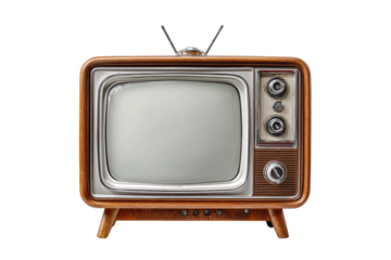 Retro television with wooden casing.  A vintage-style TV, light brown wooden cabinet, silver trim, blank screen